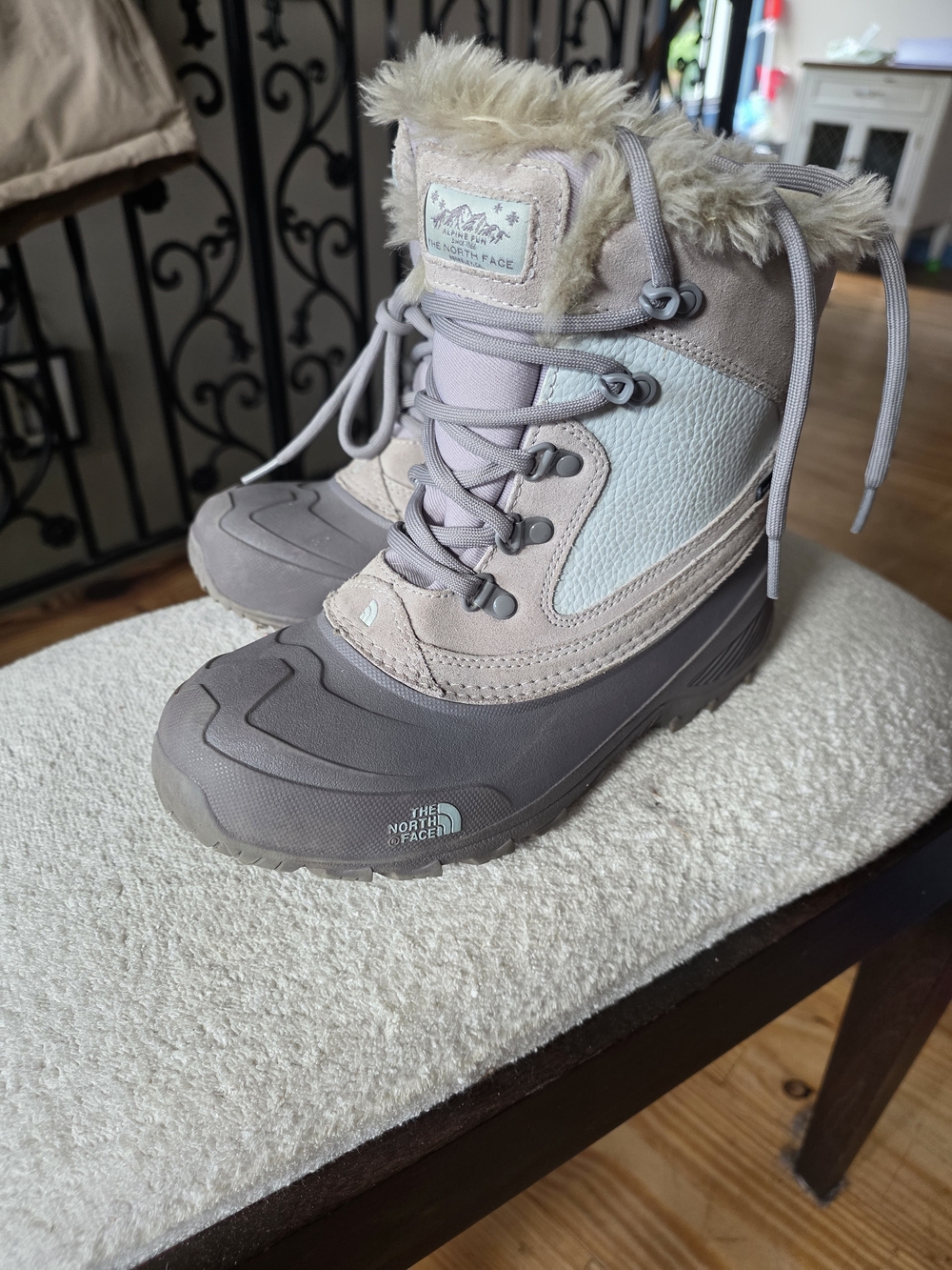 The North Face Girls Taupe and Light Blue Winter Boots